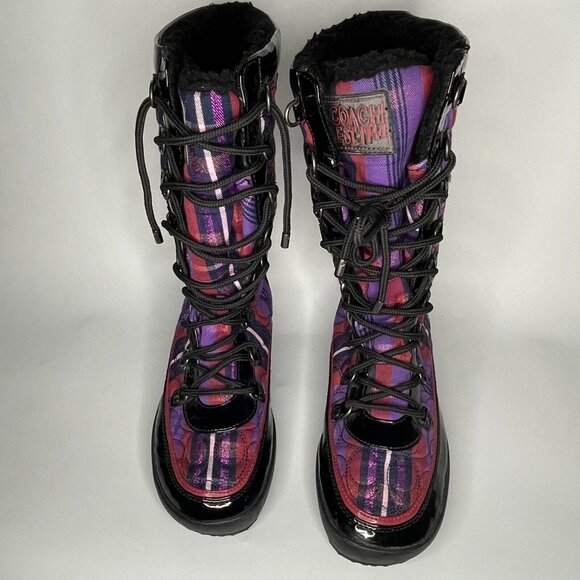 COACH Peggey W sz 8 B Plaid Purple Metallic Shearling Quilted Logo Boot Shoes - Picture 4 of 14